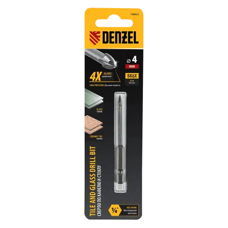 Сверло по керамической плитке DENZEL 4 мм, крестовая пластина, шестигранный хвостовик