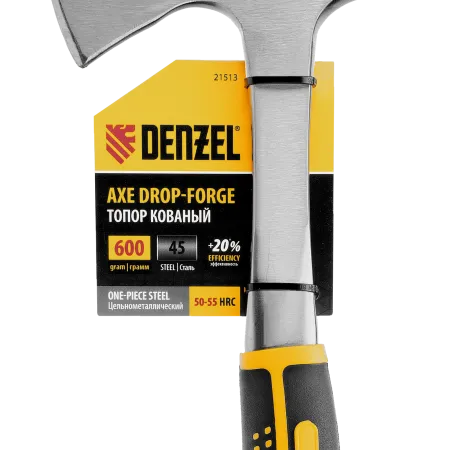 Топор цельнометаллический DENZEL, 600 г, двухкомпонентная обрезиненная рукоятка, изогнутый хват
