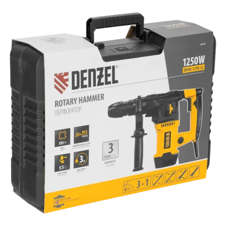 Перфоратор электрический DENZEL RHVB-1250-32, SDS-plus, 1250 Вт, 5,5 Дж, 4 реж.