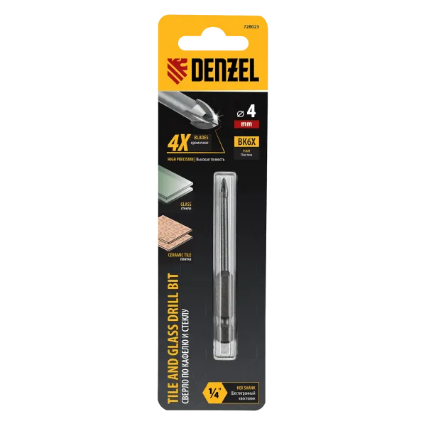 Сверло по керамической плитке DENZEL 4 мм, крестовая пластина, шестигранный хвостовик