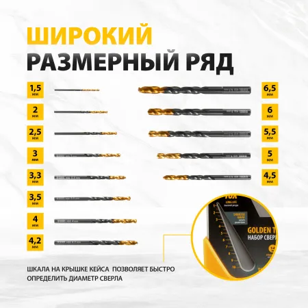 Набор сверл по металлу DENZEL 1,5-6,5 мм, HSS-Tin, Golden Tip, 13 шт