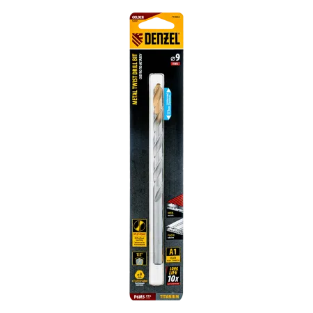 Сверло спиральное по металлу DENZEL 9 х 175 мм, Р6М5, Golden Tip, удлиненное