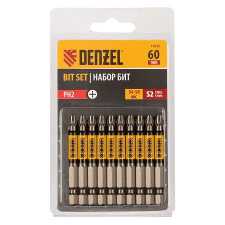 Бита DENZEL PH2х60, сталь S2, цилиндр., 10 шт. Е 6,3
