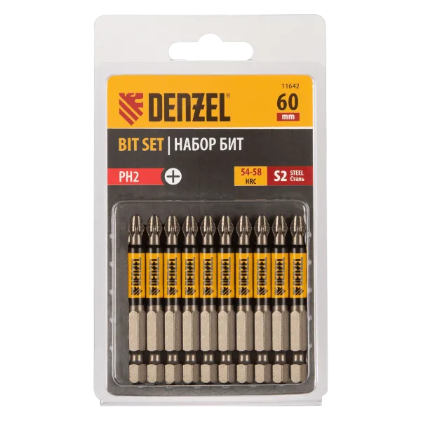 Бита DENZEL PH2х60, сталь S2, цилиндр., 10 шт. Е 6,3