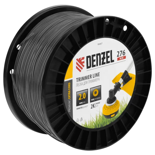 Леска для триммера DENZEL двухкомпонентная круглая, 2,0мм х 276м, на DIN катушке EXTRA CORD