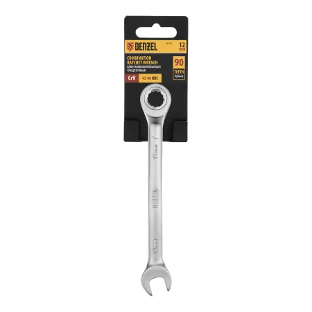 Ключ комбинированный трещоточный DENZEL, 12 мм, CrV, матовый хром