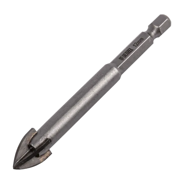 Сверло по керамической плитке DENZEL 12 мм, крестовая пластина, шестигранный хвостовик