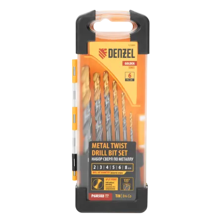 Набор сверл по металлу DENZEL, 2-8мм, Р6М5К8-TiN, Golden Tip, 6 шт