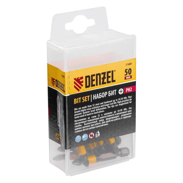 Бита DENZEL PH2х25, сталь S2, 20 шт., пластиковая коробка, Е 6,3