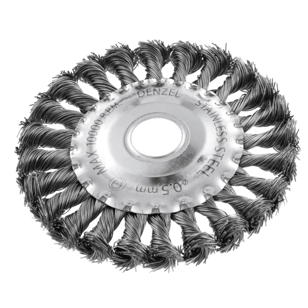 Щетка для УШМ DENZEL 746323, 125 мм, «плоская», крученая нержавеющая проволока 0.5 мм, посадка 22.2 мм