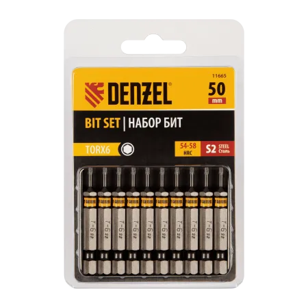 Бита DENZEL TX 6х50, сталь S2, шестигранный профиль, 10 шт. Е 6,3
