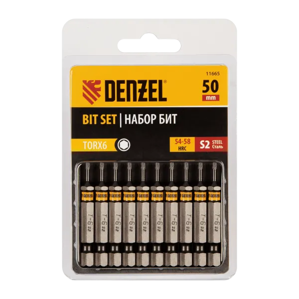 Бита DENZEL TX 6х50, сталь S2, шестигранный профиль, 10 шт. Е 6,3