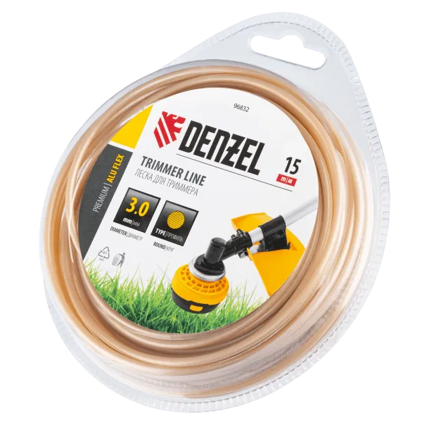 Леска для триммера DENZEL армированная алюминием круглая, 3,0мм х 15м, блистер ALUFLEX