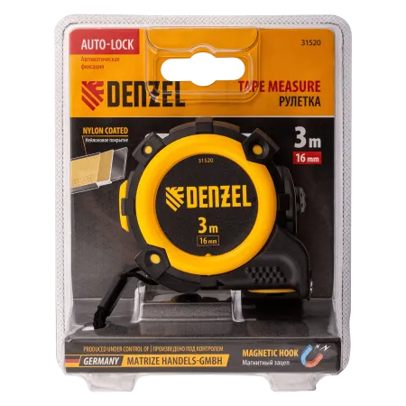 Рулетка DENZEL 31520 3м х 16мм, автоматич. фиксац., нейлон. покрытие, магнит. зацеп, двухстор. разметка