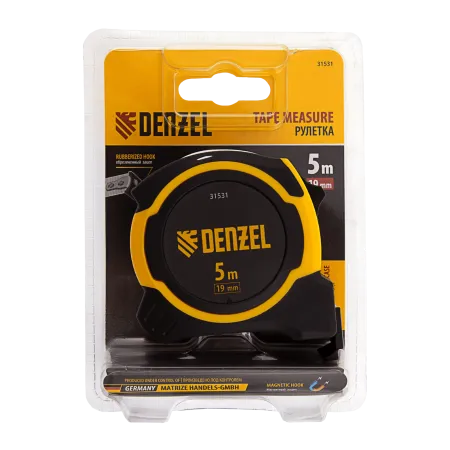 Рулетка DENZEL 5м х 19мм, двухкомп. корпус, магнитный обрезиненный зацеп