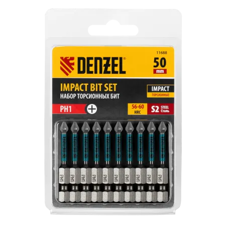 Бита DENZEL IMPACT, PH1x50 мм, лазерная обработка шлица, сталь S2, 10 шт., Е 6,3