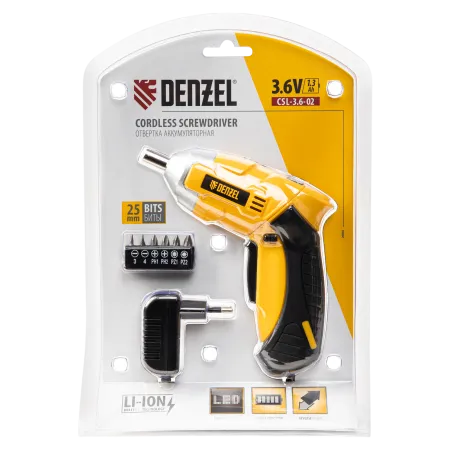 Отвертка DENZEL CSL-3.6-02, с аккумулятором 3.6 В Li-Ion, 1.3 Ач, в блистере