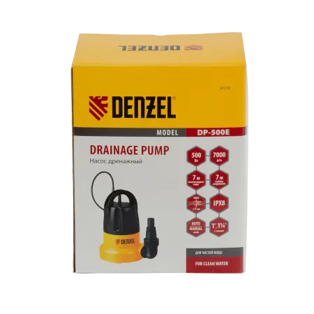Дренажный насос DENZEL DP500E, 500 Вт, высота подъема 7 м, 7000 л/ч