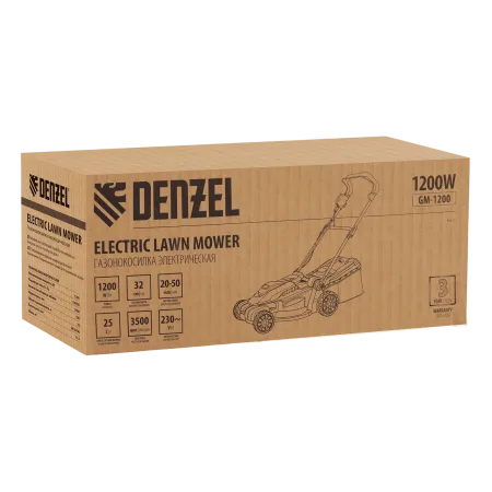 Газонокосилка электрическая DENZEL GM-1200, 1200 Вт, ширина 32 см, 3 уровня, 25 л
