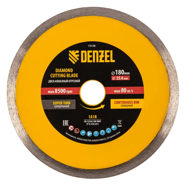Диск алмазный сплошной DENZEL супертонкий, 180 х 25,4 мм, горячее прессование, мокрое резание