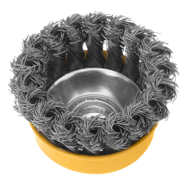 Щетка для УШМ DENZEL 746243, 75 мм, «чашка», крученая нержавеющая проволока 0.5 мм, М14