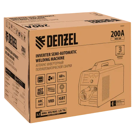Аппарат инвертор. полуавтомат. cварки DENZEL IMIG-200, 200 А, ПВ 60%, катушка 5 кг