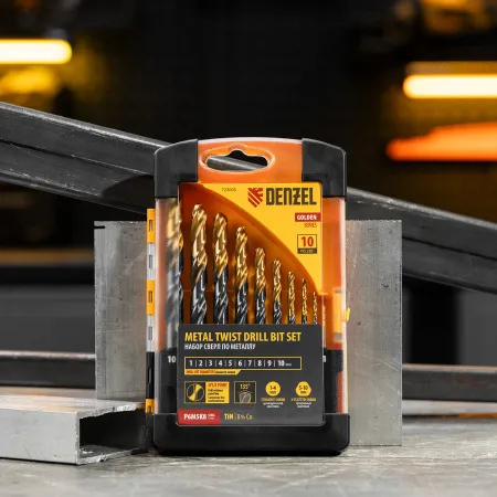 Набор сверл по металлу DENZEL, 1-10 мм, Р6М5К8-TiN, Golden Tip, 10 шт