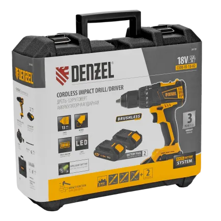 Дрель-шуруповерт аккумуляторная ударная бесщет DENZEL CIDB-IB-18-02, Li-Ion, 18 В, 2 акк.