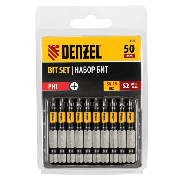 Бита DENZEL PH1х50, сталь S2, цилиндр., 10 шт. Е 6,3