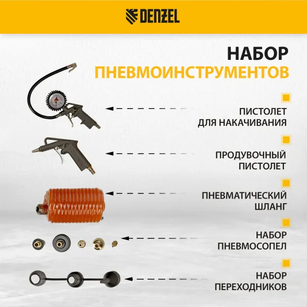 Компрессор воздушный DENZEL DL1300, 10 бар, 1,3 кВт 180 л/мин 5 л, с набором аксессуаров