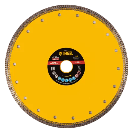 Диск алмазный отрезной DENZEL 230 х 22,2мм, сплошной, супертонкий, горячий пресс, сухой/мокрый рез