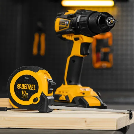 Рулетка DENZEL 10м х 25мм, двухкомп. корпус, кнопка-пауза