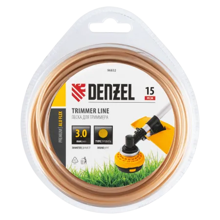 Леска для триммера DENZEL армированная алюминием круглая, 3,0мм х 15м, блистер ALUFLEX