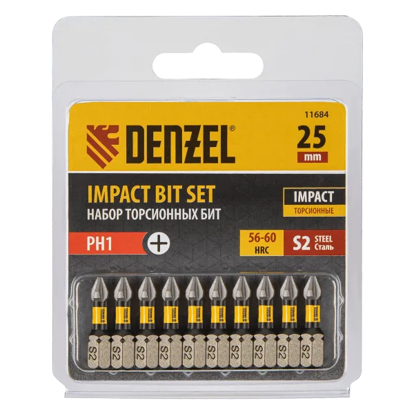 Бита DENZEL IMPACT, PH1x25 мм, лазерная обработка шлица, сталь S2, 10 шт., Е 6,3