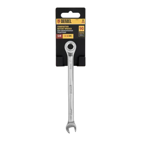 Ключ комбинированный трещоточный DENZEL, 8 мм, CrV, матовый хром