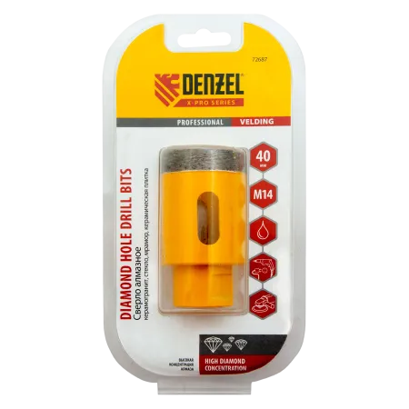 Сверло алмазное по керамограниту DENZEL 72687, 40 мм, М14, мокрая резка
