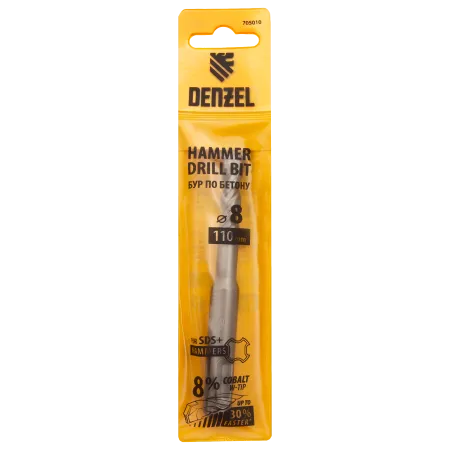 Бур по бетону DENZEL 705010, 8 x 110 мм, двойная спираль, три пылеотводящие кромки