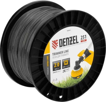 Леска для триммера DENZEL двухкомпонентная квадрат, 2,0мм х 251м, на DIN катушке EXTRA CORD