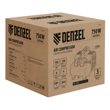 Компрессор DENZEL DLS750/6 безмасляный малошумный 750 Вт, 140 л/мин,ресивер 6 л