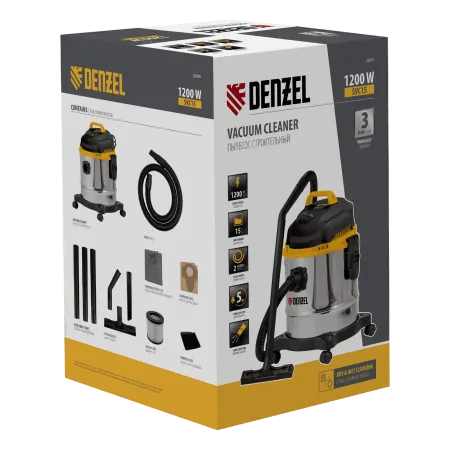 Пылесос строительный DENZEL SVC15, 1200 Вт, бак 15 л, шланг 2 м