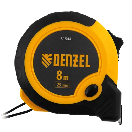 Рулетка DENZEL 8м х 25мм, двухкомп. корпус, кнопка-пауза