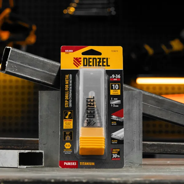 Сверло ступенчатое DENZEL, 9-12-15-18-21-24-27-30-33-36 мм, Р6М5К5, 6-гр. хвостовик