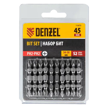 Бита DENZEL двухсторонняя, PH2-PH2 х 45 мм, сталь S2, 10 шт.