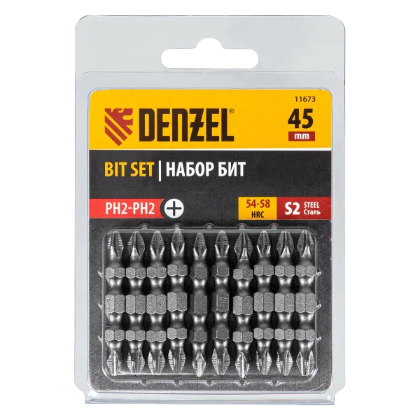 Бита DENZEL двухсторонняя, PH2-PH2 х 45 мм, сталь S2, 10 шт.