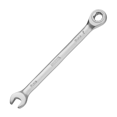Ключ комбинированный трещоточный DENZEL, 9 мм, CrV, матовый хром