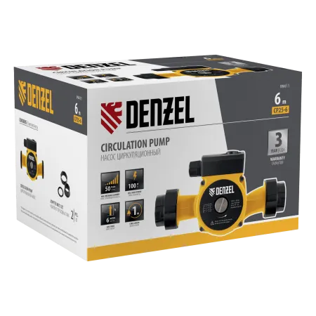 Циркуляционный насос DENZEL CP25-6, напор 6 м, 50 л/мин, 1 м кабель, монт. длина 180 мм