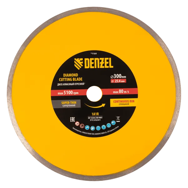 Диск алмазный сплошной DENZEL супертонкий, 300 х 25,4 мм, горячее прессование, мокрое резание
