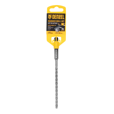 Бур по бетону DENZEL, цельная крестовая пластина, 6x165 мм, SDS PLUS