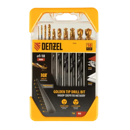 Набор сверл по металлу DENZEL 1-10 мм, HSS-Tin, Golden Tip, 10 шт