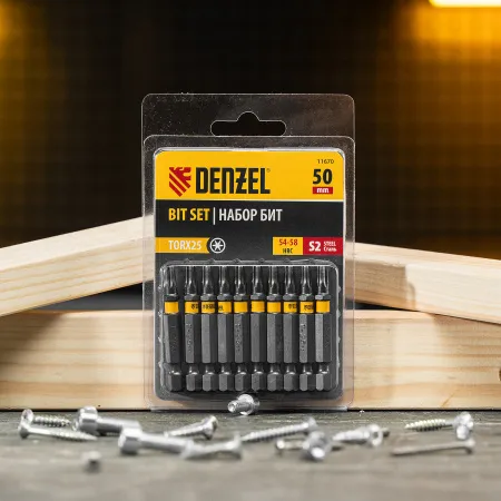 Бита DENZEL TX 25х50, сталь S2, шестигранный профиль, 10 шт. Е 6,3